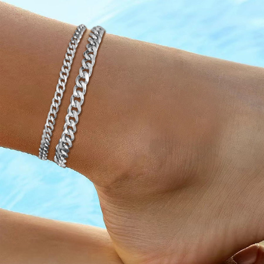 2Pcs Women Double Layer Cuban Chain Anklet Gold Silver Tone Stainless Steel Adjustable Curb Chain Ankle Bracelet Summer Beach Foot Jewelry Gift For Ladies