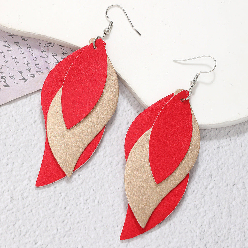 Three-layer Leaf Shape Leather PU Earrings