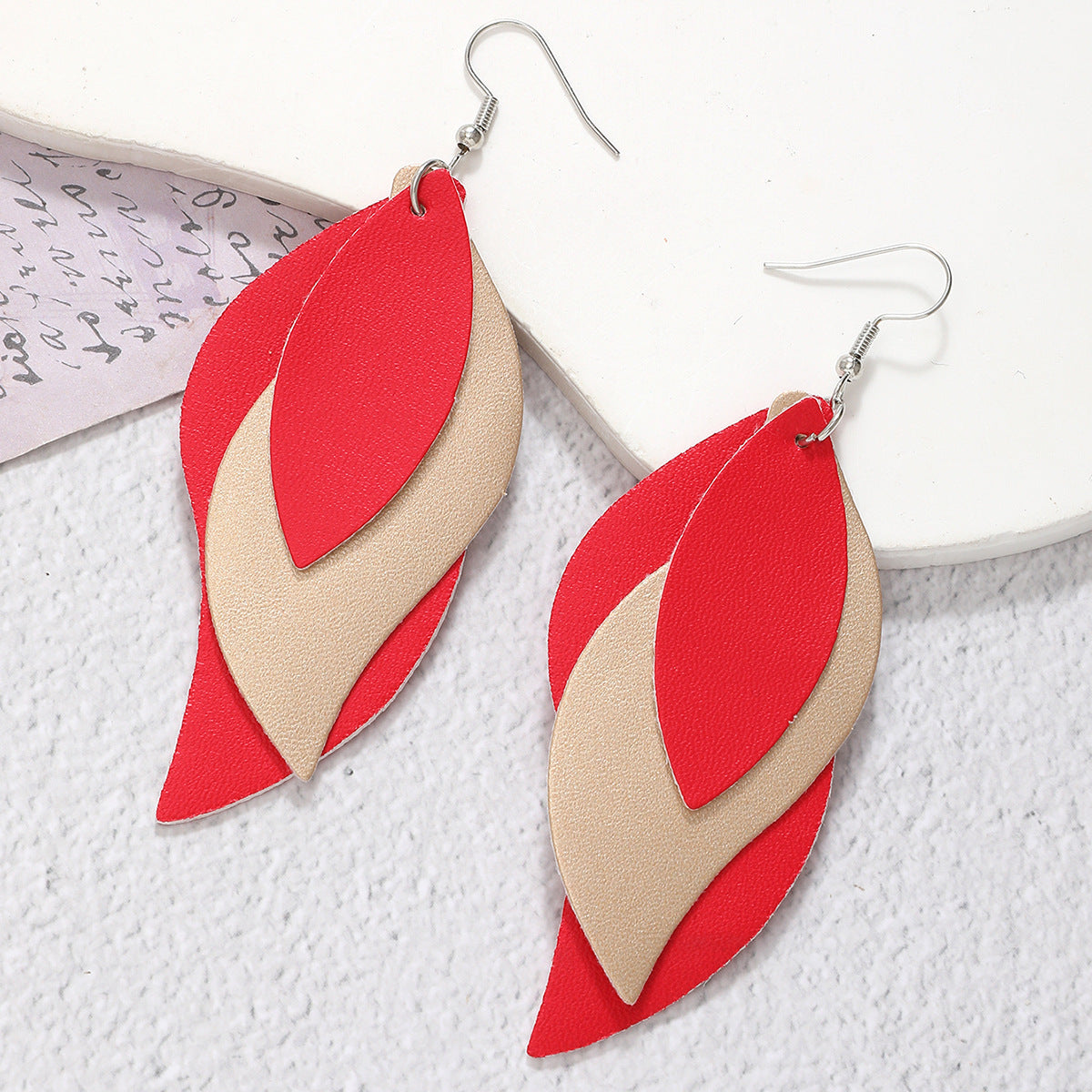 Three-layer Leaf Shape Leather PU Earrings