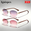 2 Pcs Rimless Oval Sunglasses For Women Uv400 Protective Gradient Lens Eyewear Delicate Flower Metal Decor Wooden Texture Temple Suitable For Beach Travel Party And Daily Fashion Matching.