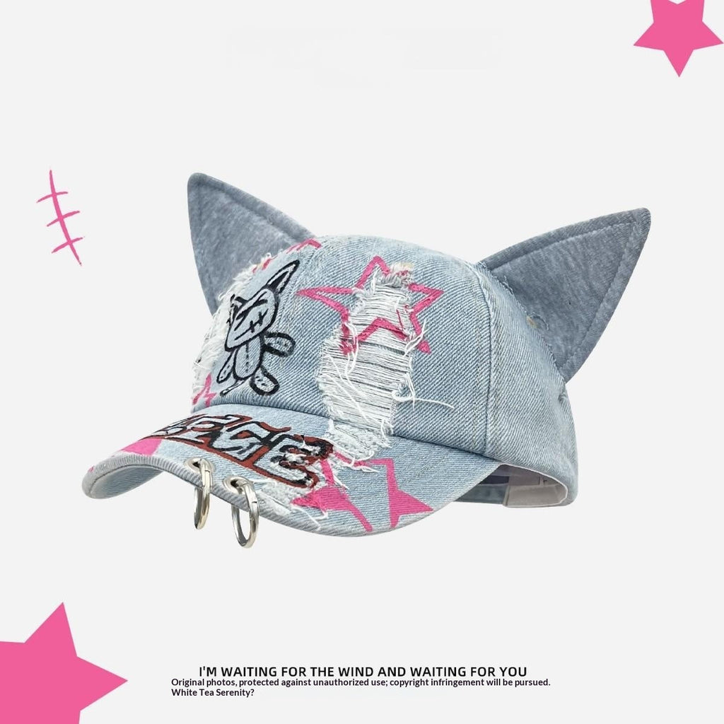 Dark-style Distressed Baseball Cap With Cat Ears Graffiti Streetwear
