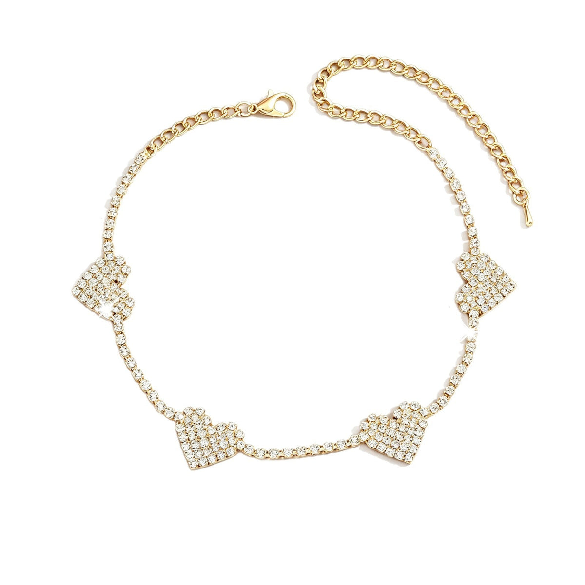 Women Four Heart Full Paved CZ Choker Necklace, Rhodium Plated Short Collarbone Party Jewelry