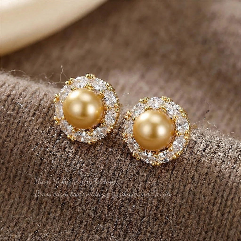 Old Money Style Mocha Gold Brown Pearl Zircon Earrings For Women, Retro Light Luxury Fashion Trendy Versatile Earrings