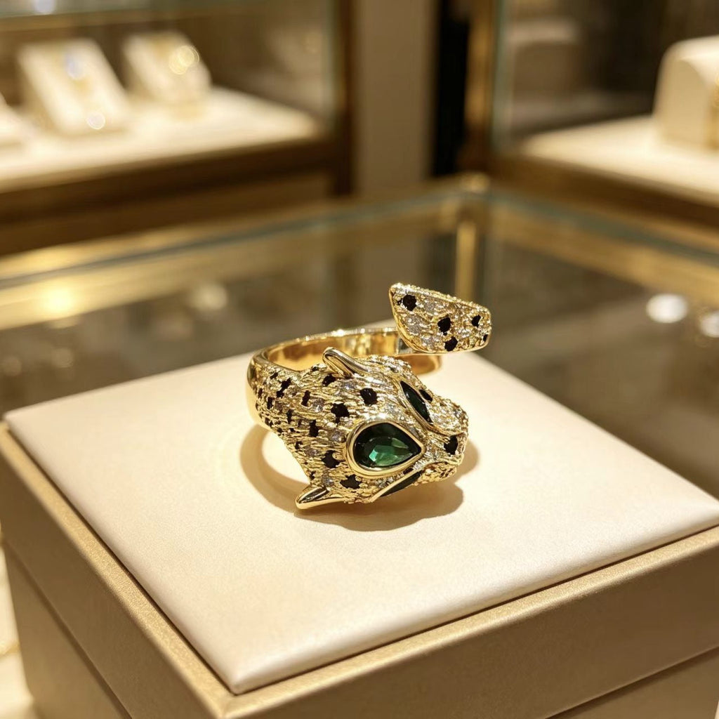 European And American Style Copper-plated Gold Zircon Leopard Ring For Women
