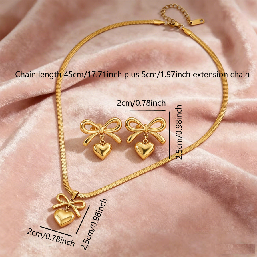 Women Bowknot 3D Puffy Heart Jewelry Set Snake Chain Necklace & Stud Earrings 2Pcs Gold Silver Tone Stainless Steel Romantic Valentine Gift Jewelry