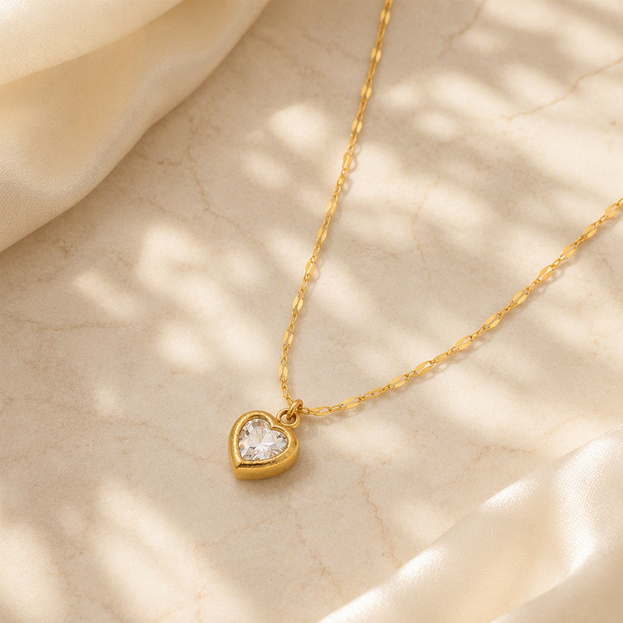 Gold Plated Stainless Steel Heart Zircon Pendant Necklace For Women, Dainty Lip Chain Colorful Heart Crystal Choker, Minimalist Love Jewelry Gift