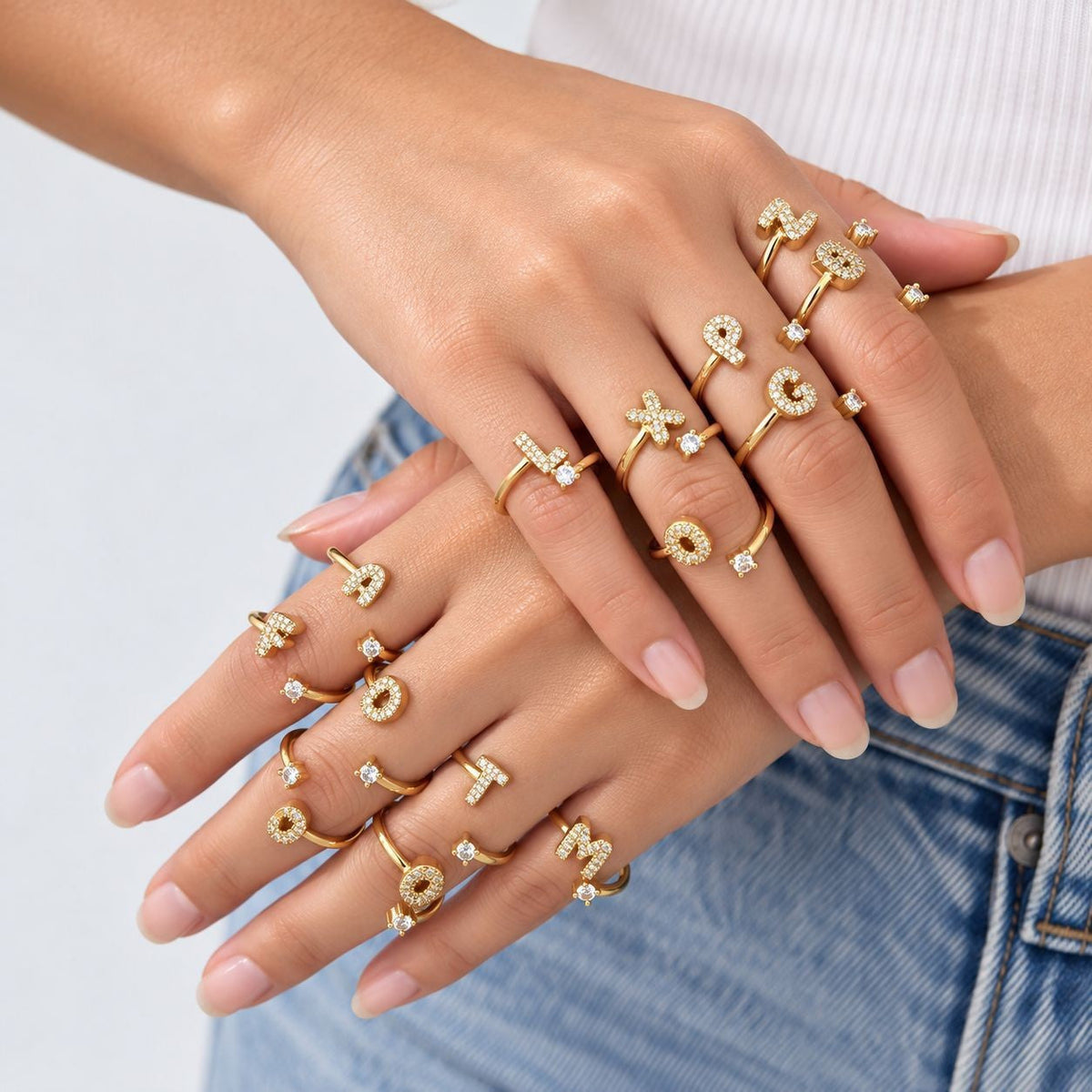 New Arrival Paved Zircon 26 Letters Alphabet Ring, Elegant Fashion High-End Adjustable Open Ring