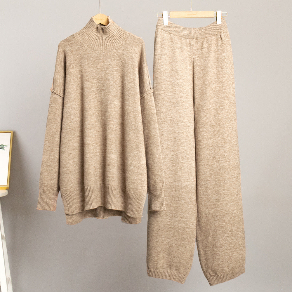 Women's Oversized High-Neck Sweater & Wide-Leg Knit Pants Set