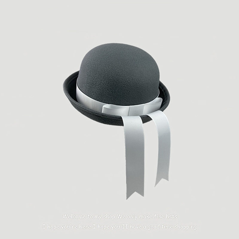 Woolen Preppy-style Hat With A Bow And Ribbon