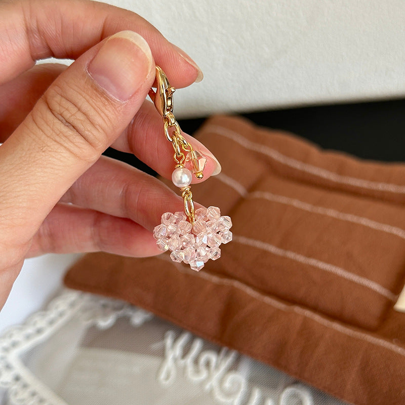 Love-shaped Imitation Crystal And Pearl Purse Charm With Zipper Pull For Womens Bags