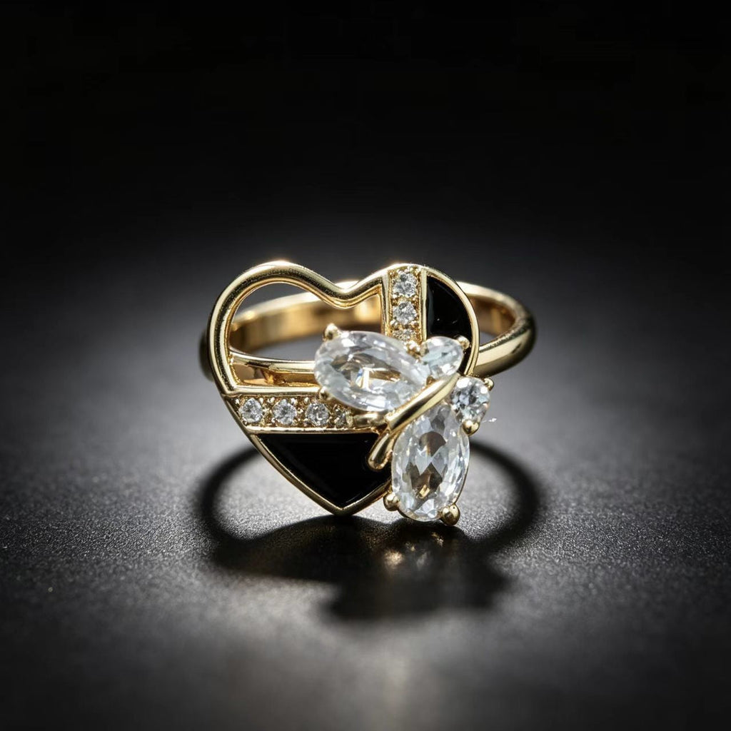 Golden Vintage Open Adjustable Ring With Black Enamel And Diamonds