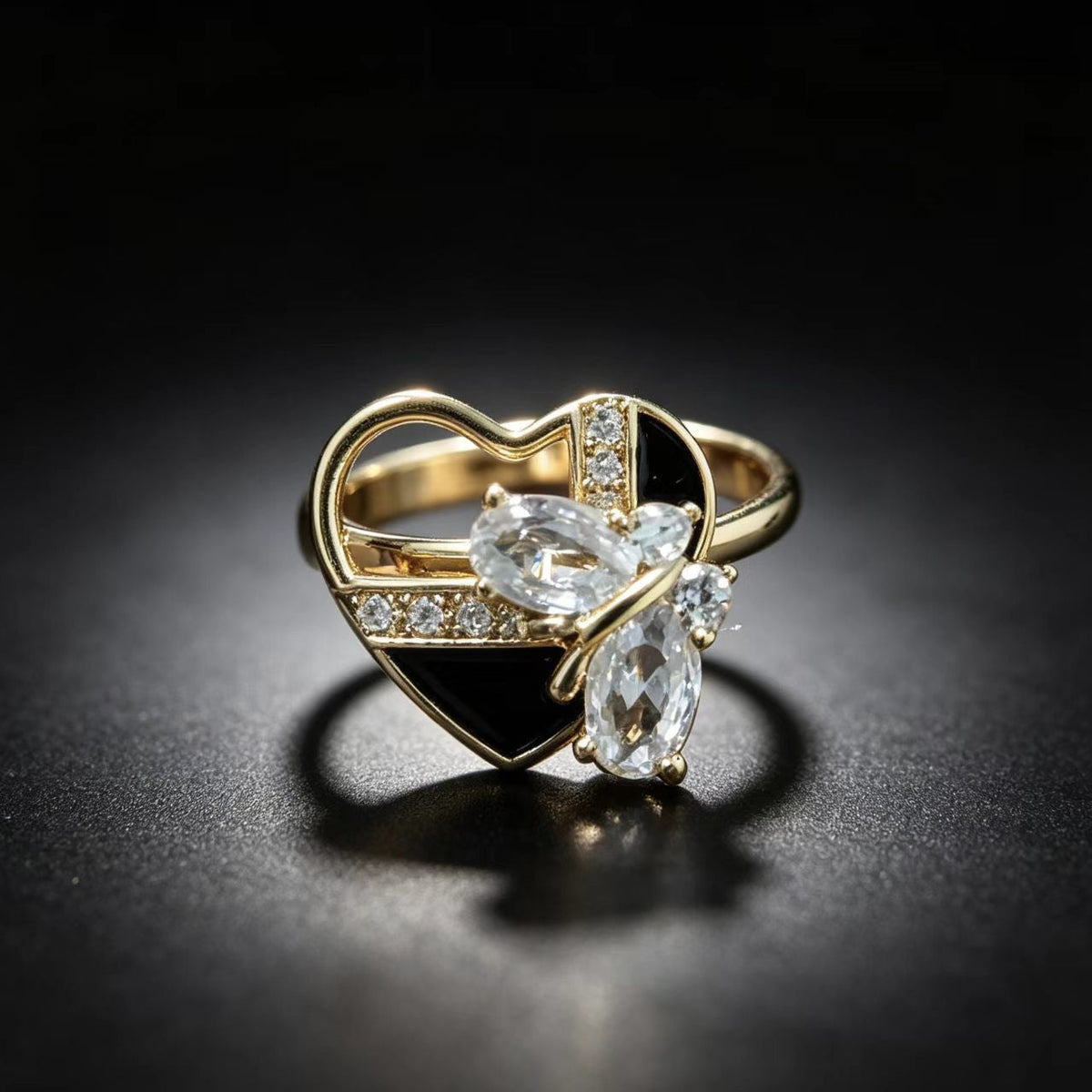 Golden Vintage Open Adjustable Ring With Black Enamel And Diamonds