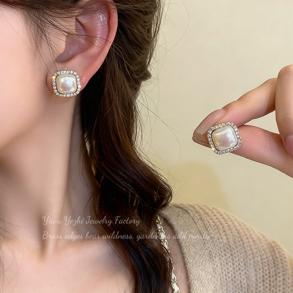 French Hong Kong Style Micro-Paved Zircon Ankora Red Square Pearl Earrings For Women, Exquisite, Compact And Versatile Earrings Wholesale