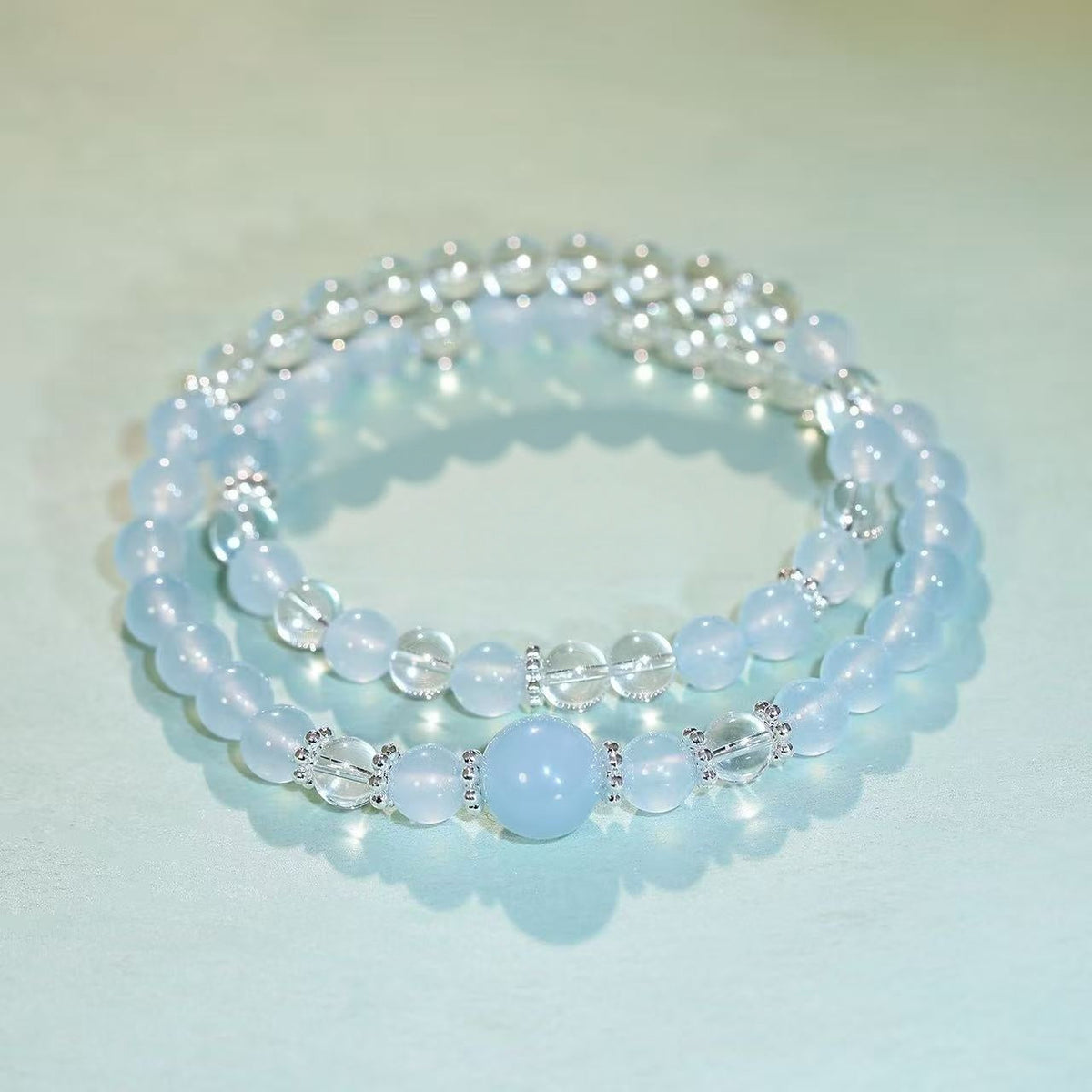 Natural Aquamarine  Clear Quartz Bracelet Double Layer Beaded Chain Water Element Energy Jewelry For Women