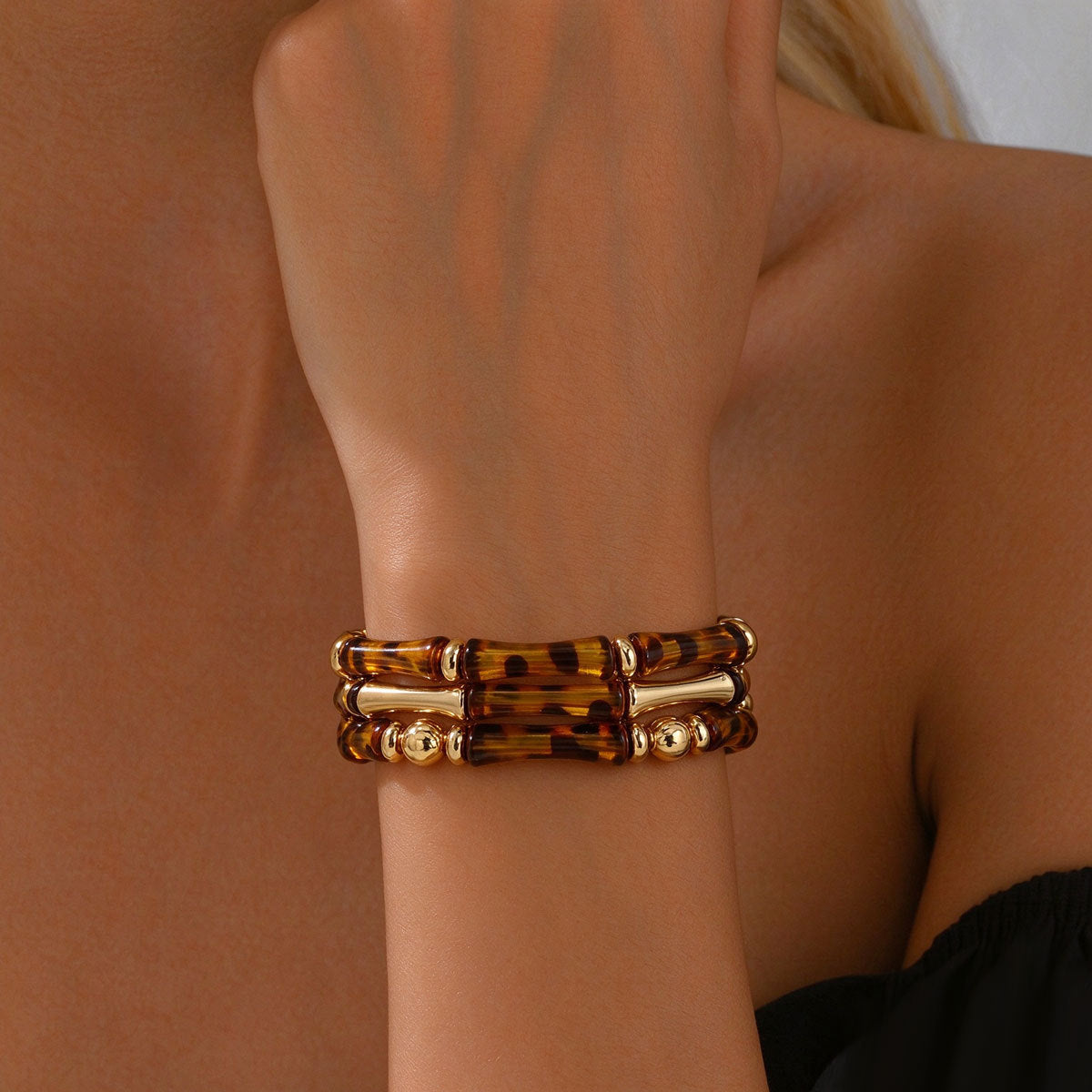 Geometric Leopard Print Woven High-End Designed Bangle, Versatile High Sense Bamboo Joint Bracelet