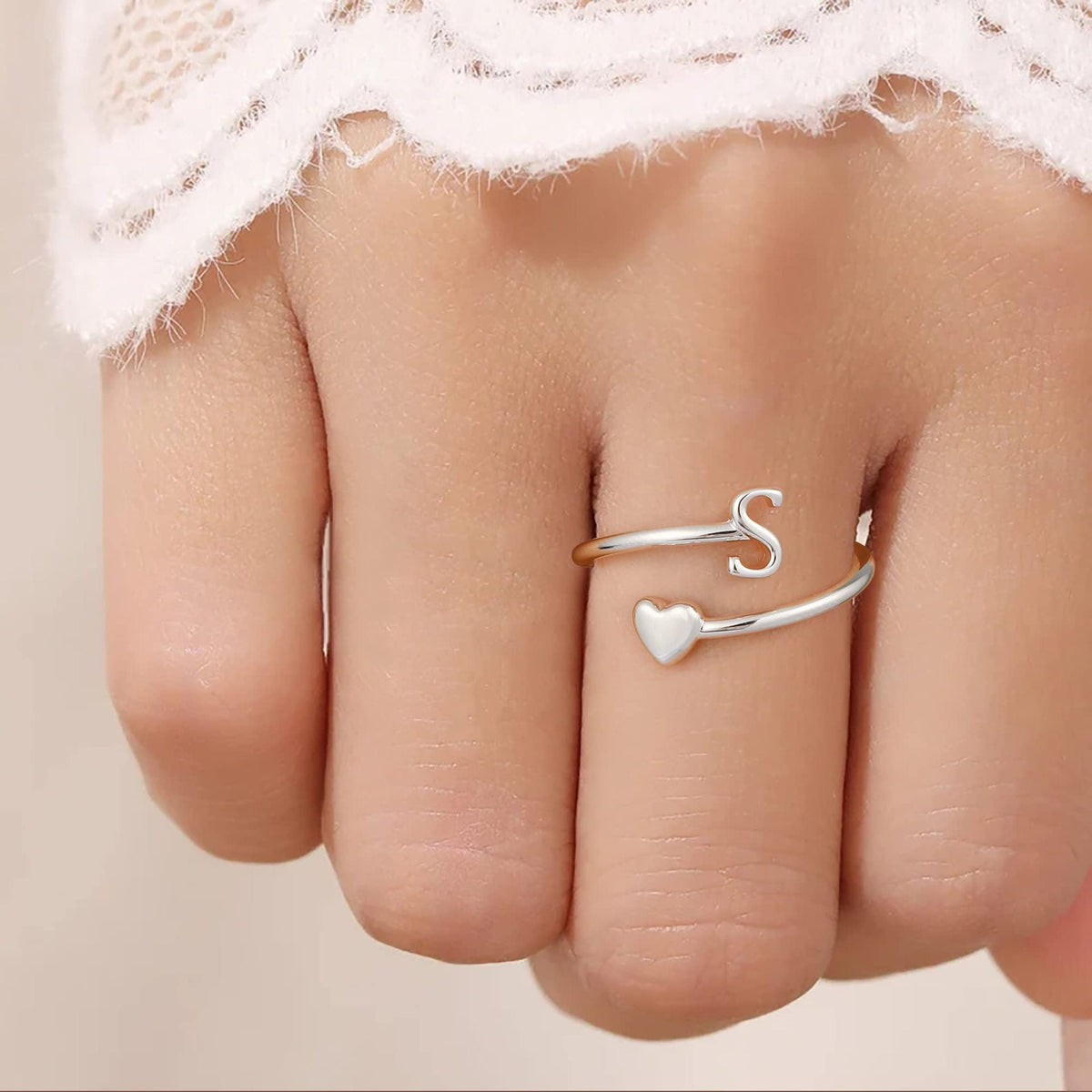 Heart Shaped Cursive Letter Minimalist Polished Open Ring