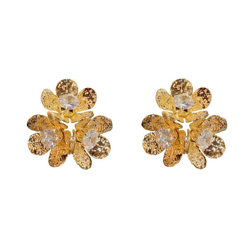 Flower-Like Three-Dimensional Flower Earrings, Multi-Layered Zircon Petal Earrings, Retro Metal Texture Garland Earrings
