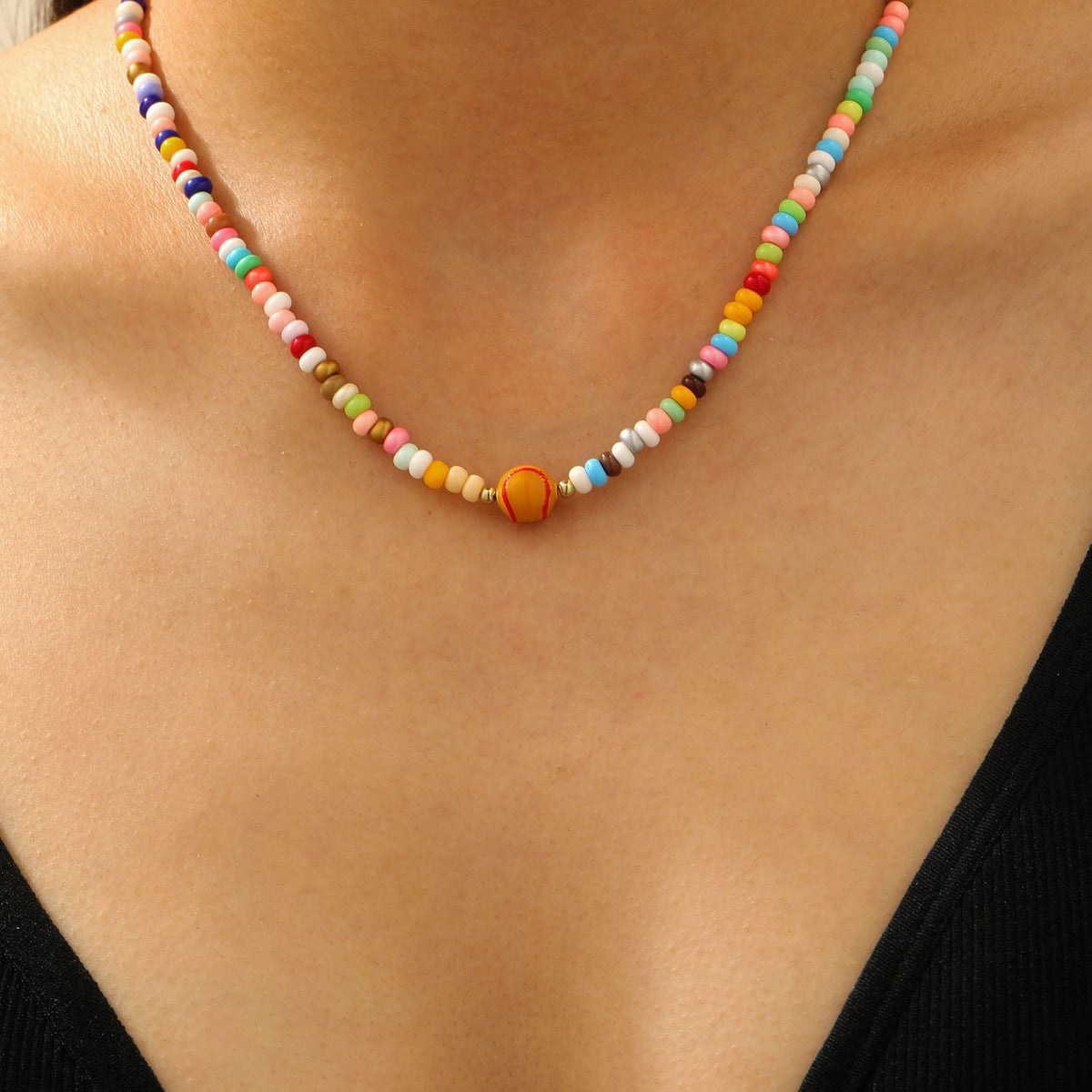 Rugby Pendant Colorful Bead Choker Necklace