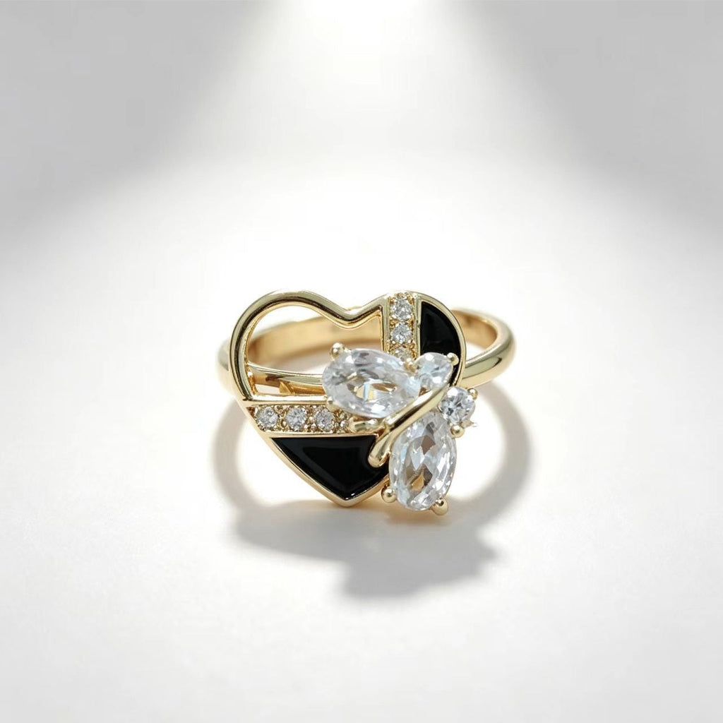 Golden Vintage Open Adjustable Ring With Black Enamel And Diamonds