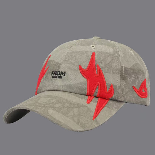American-style Street Flame Embroidery Texture Baseball Cap, Men's And Women's Version, Washed And Aged Soft Top Brimmed Fedora Style Beanie, Suitable For Outdoor Use And Casual Wear