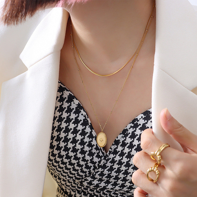 Autumn And Winter Korean Edition Oval Lace Double Layer Eight Mang Star Pendant Necklace Titanium Steel Plated 18K Gold Jewelry