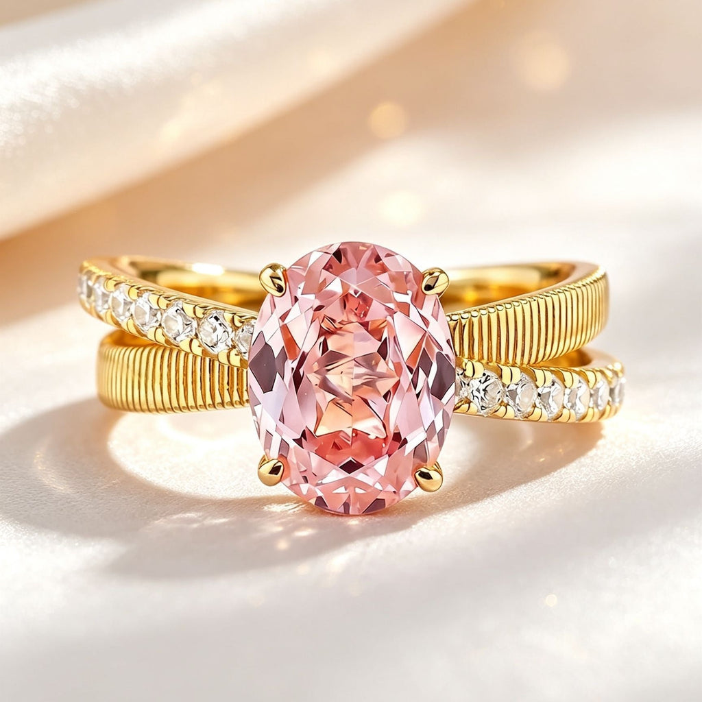 Women Italian Vintage Palace Style Oval Ring, Vertical Brushed Texture, Goose Yellow High Carbon  Flower Cut With Pink Accent , Gold Tone Statement Ring