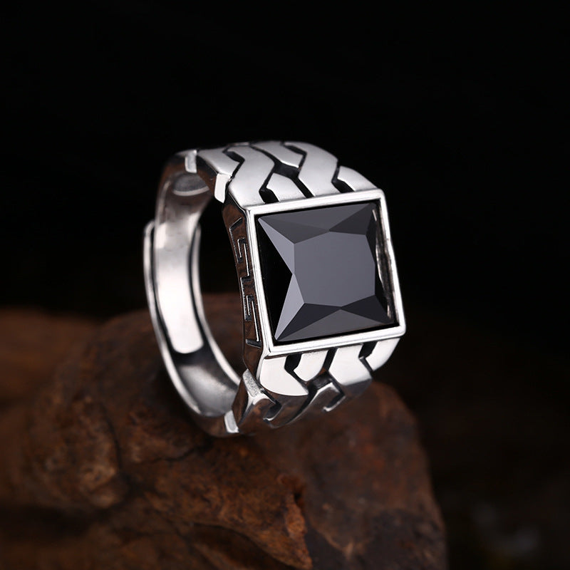 Crossed Ring Chain Style Black Zircon Ring Open-End Vintage Trendy Statement Jewelry