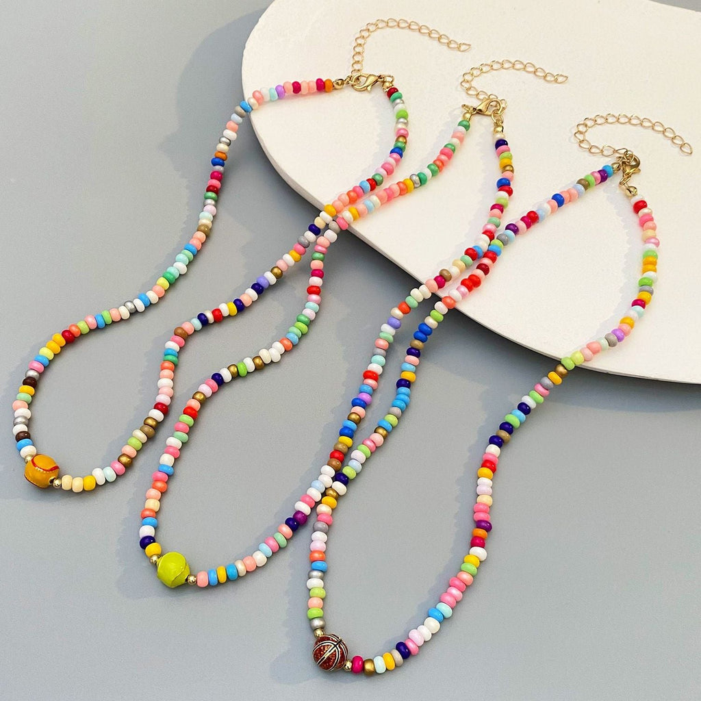 Rugby Pendant Colorful Bead Choker Necklace