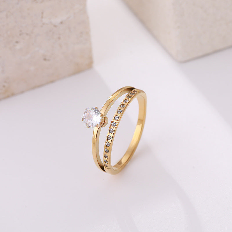 Korean-style Geometric Design Elegant Double-layer Zircon Ring