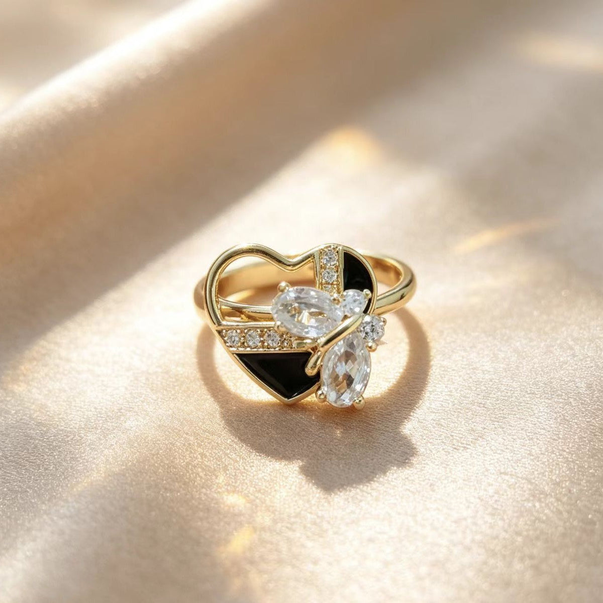 Golden Vintage Open Adjustable Ring With Black Enamel And Diamonds