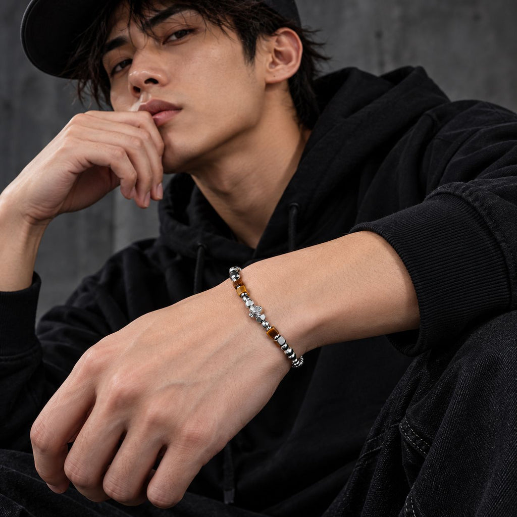 New Chinese Style Faceted Tiger Eye Stone Spliced Broken Silver Bracelet For Men, Hip Hop Luxury High-End Beaded Bracelet, Fashion Versatile Jewelry