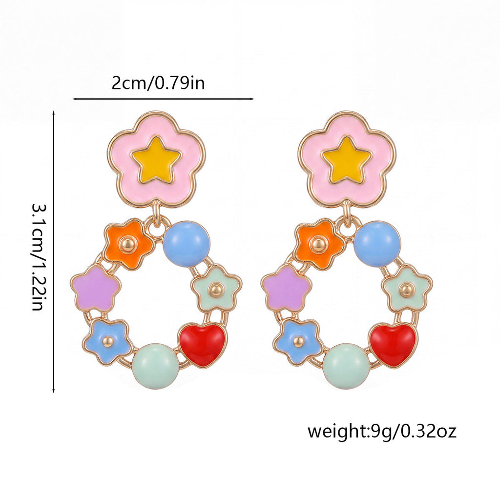 Korean-style Colorful Floral Spring-summer Earrings For Girls, Cute And Versatile, Sweet Hoop Earrings With Stars And Geometric Designs, Exquisite New Earrings
