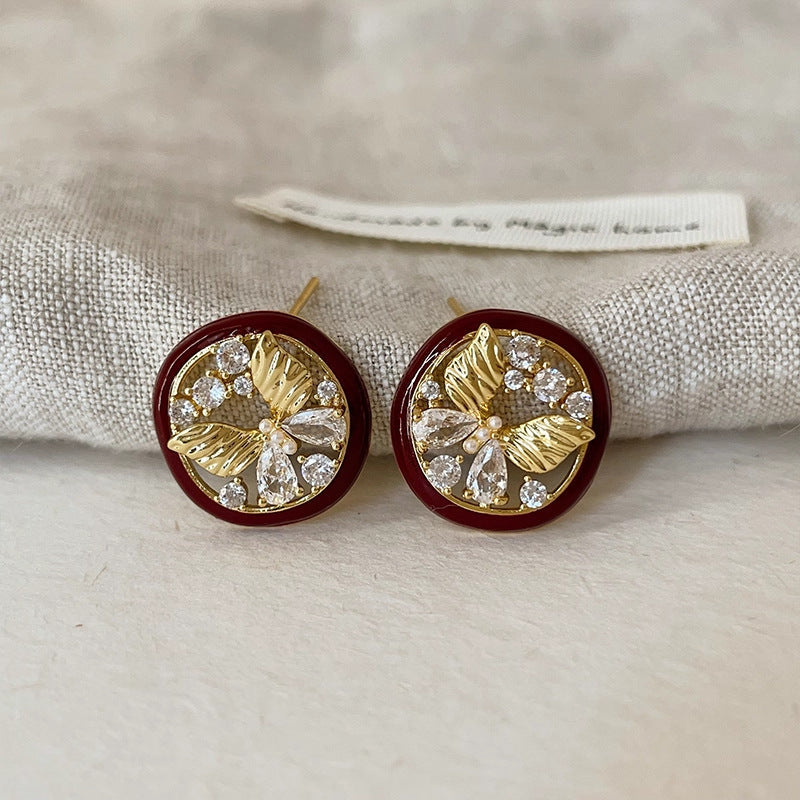 Retro French Oil-Dropping Butterfly Zircon Earrings For Women, Accessible Luxury, High-End, Stylish, Fashionable And Versatile Earrings