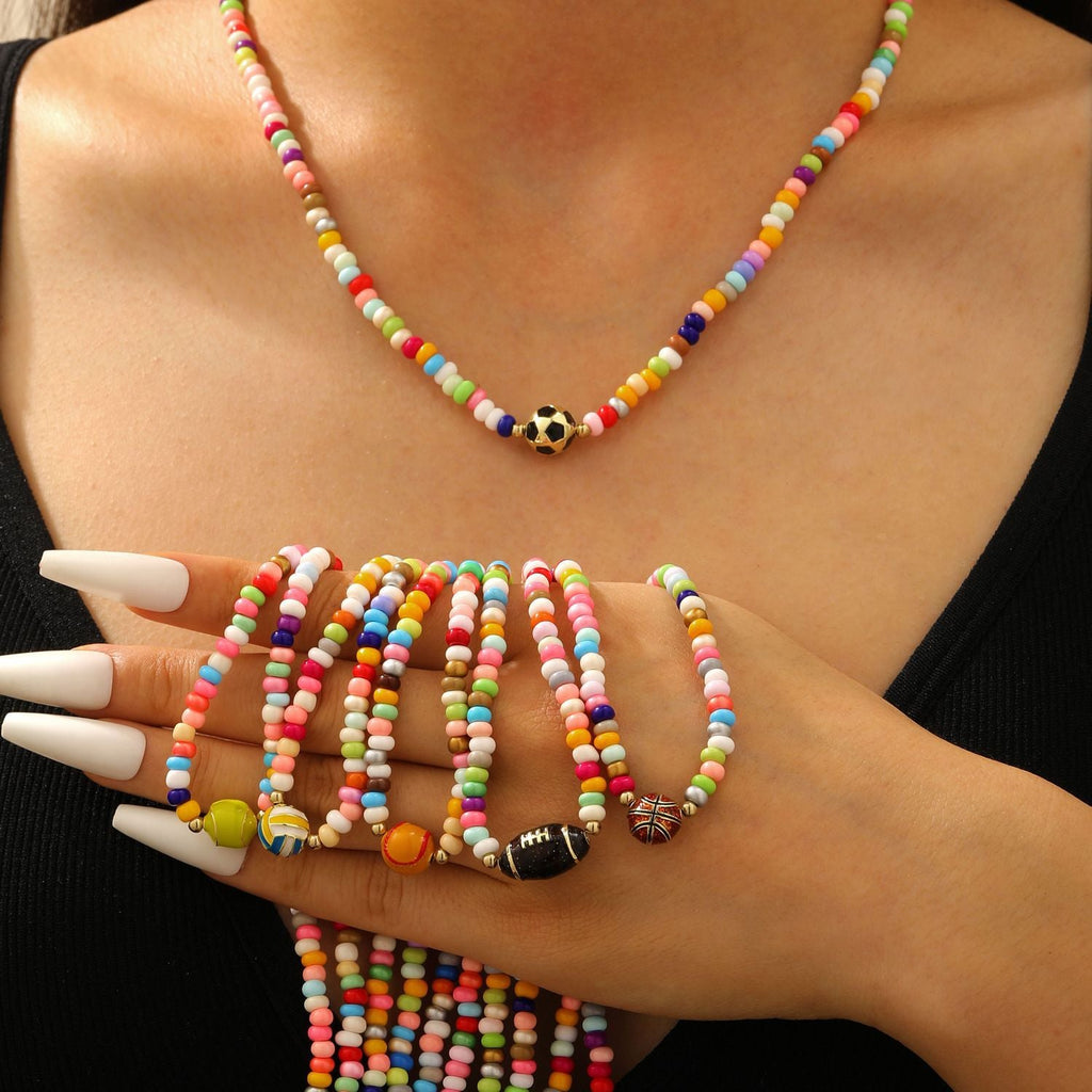 Rugby Pendant Colorful Bead Choker Necklace