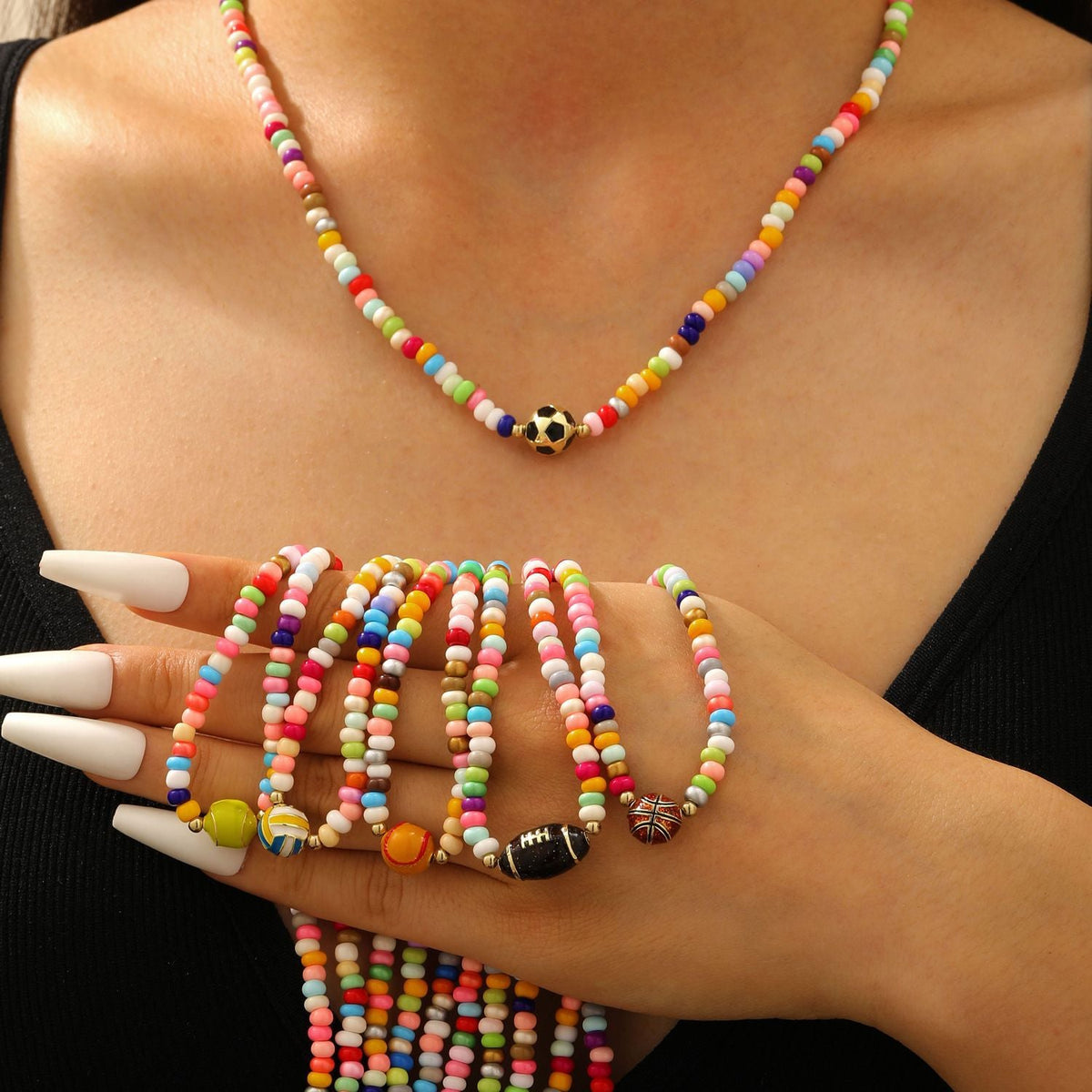 Rugby Pendant Colorful Bead Choker Necklace