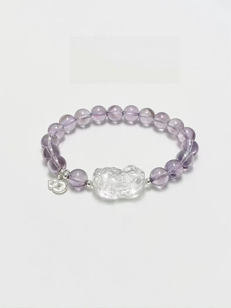 Natural Amethyst  Clear Quartz Pixiu Bracelet Wealth Round Beaded Chain Wisdom Energy Jewelry For Women