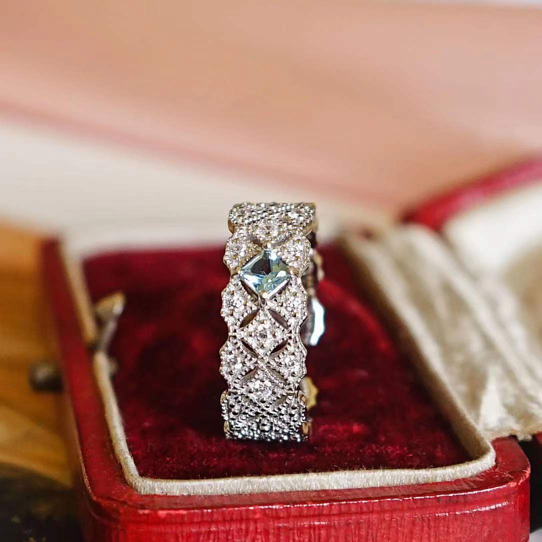 New Artificial Natural Blue Topaz Niche Open Wide Ring Women's Adjustable Retro Classic Lace Ring