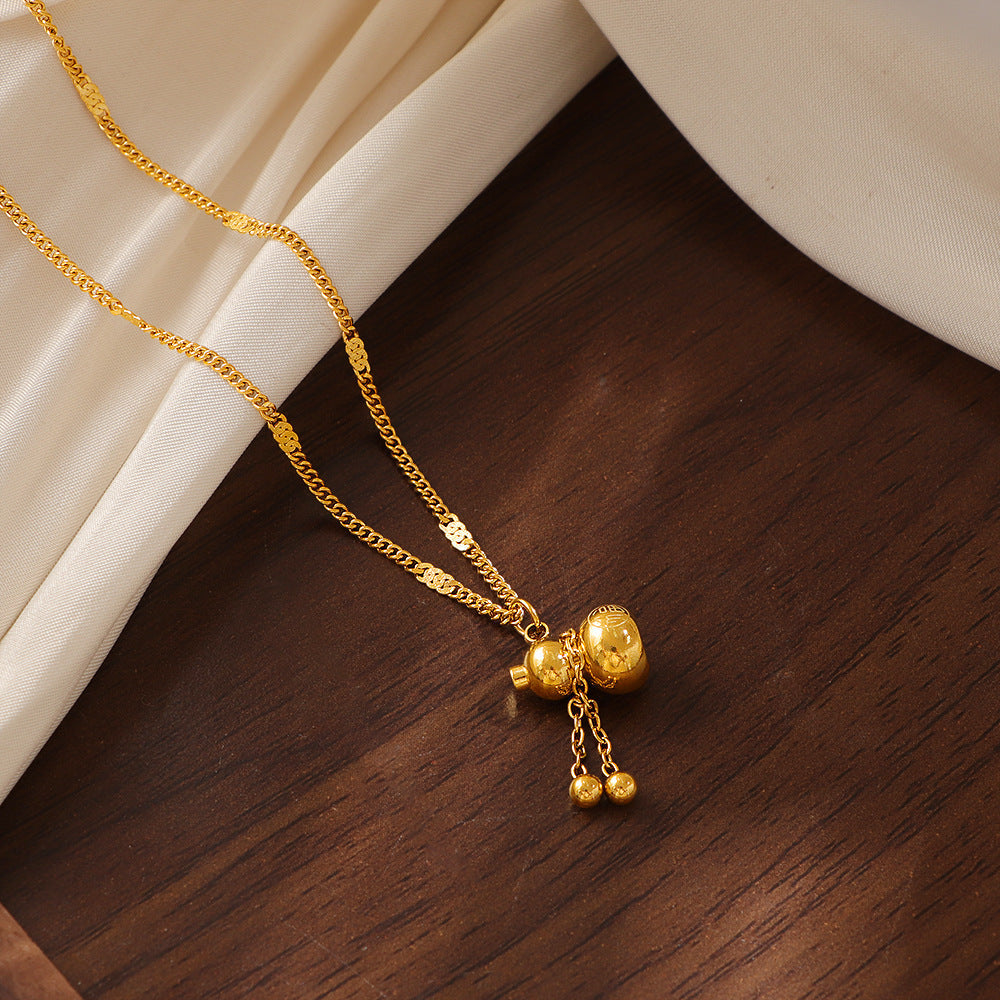 New Chinese Style Gourd Tassel Necklace For Women, Titanium Steel, Non-Fading, Accessible Luxury, High-End Clavicle Chain, 18K Gold Plated Pendant Necklace