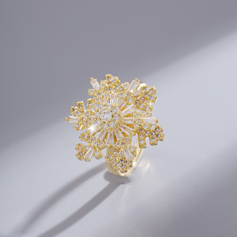 Korean Style Fashion New Snowflake Double-layer Rotatable Open Ring Female Ins Style Texture Adjustable Ring Fashion