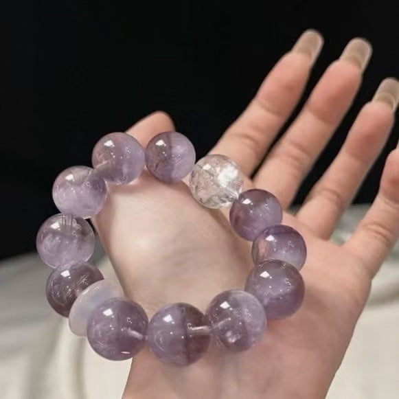 Natural Lavender Amethyst  Clear Quartz Bracelet Round Beaded Chain Wisdom Energy Jewelry For Women