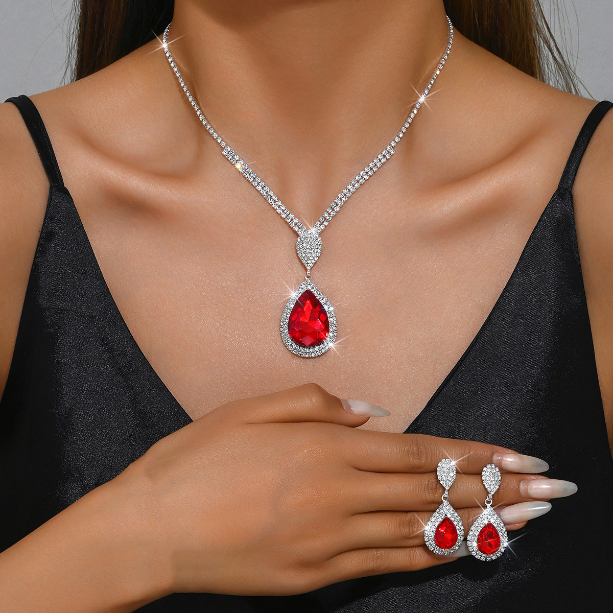 Fashion Temperament Red Sapphire Blue Water Drop Pendant Light Luxury Design Niche Trend Suit All-match Wholesale