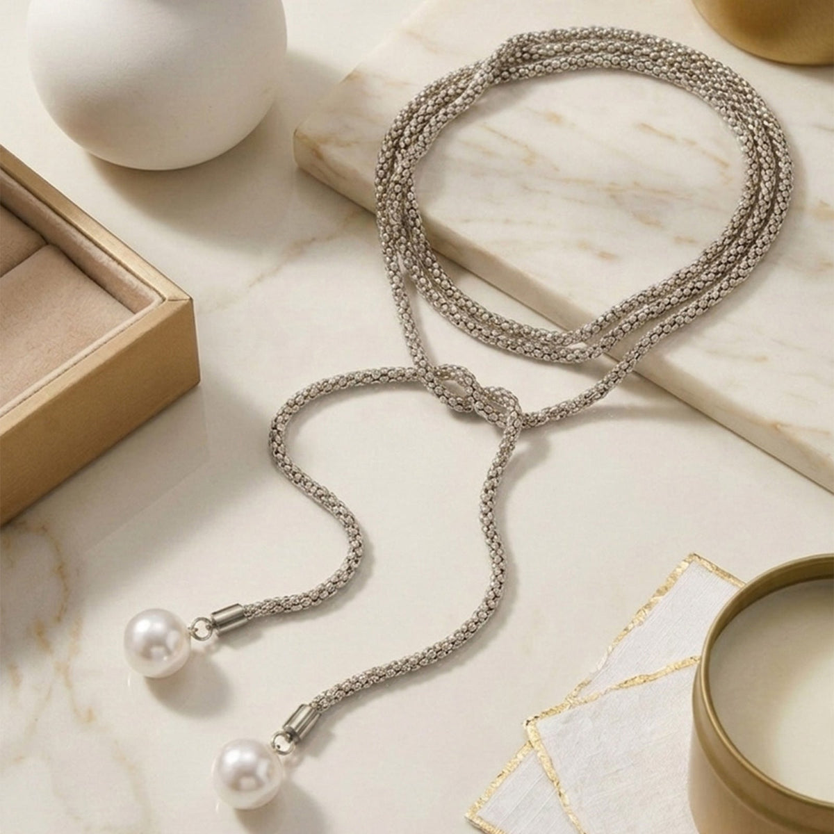European And American Cross-Border Jewelry, Imitation Pearl Pendant Long Necklace, Multi-Layer Winding Design, Stainless Steel Thick Chain Women's Necklace