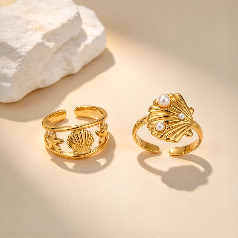 18K Gold Plated Titanium Steel Open Ring For Women, Ocean Style Shell Starfish  Pearl Ring, Unique Niche Design Stainless Steel Hand Jewelry