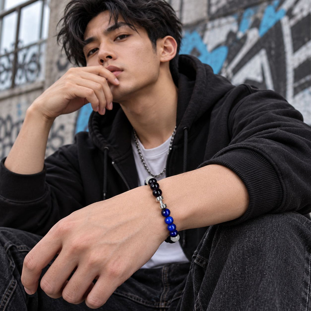 Barbell Gradient Blue Bead Bracelet For Men, Elastic String Beaded Bracelet For Women, Minimalist Hip Hop Luxury High-End Accessories