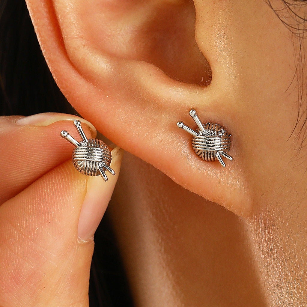 Knitting Needle Earrings For Women Yarn Ball Design