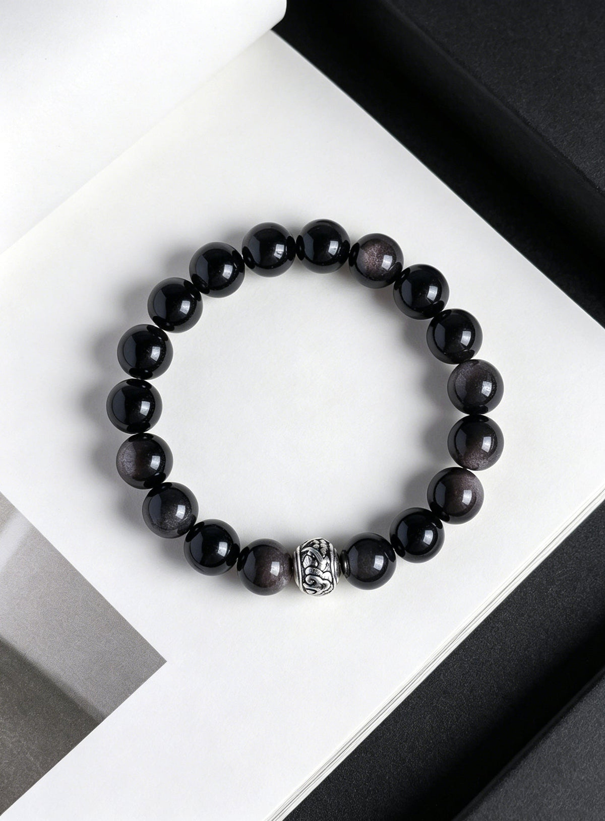 Natural Silver Sheen Obsidian Bead Couple Bracelet