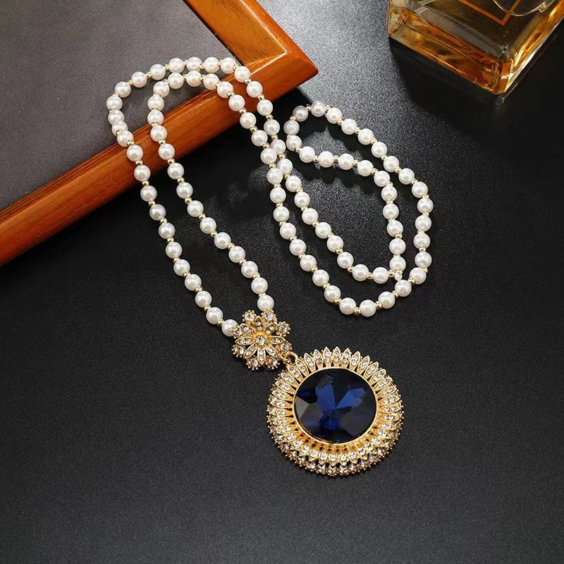 Korean Style Versatile Fashion Flower Sweater Chain Autumn And Winter Accessories Long Necklace Women's High-End Cat's Eye Pendant Camellia