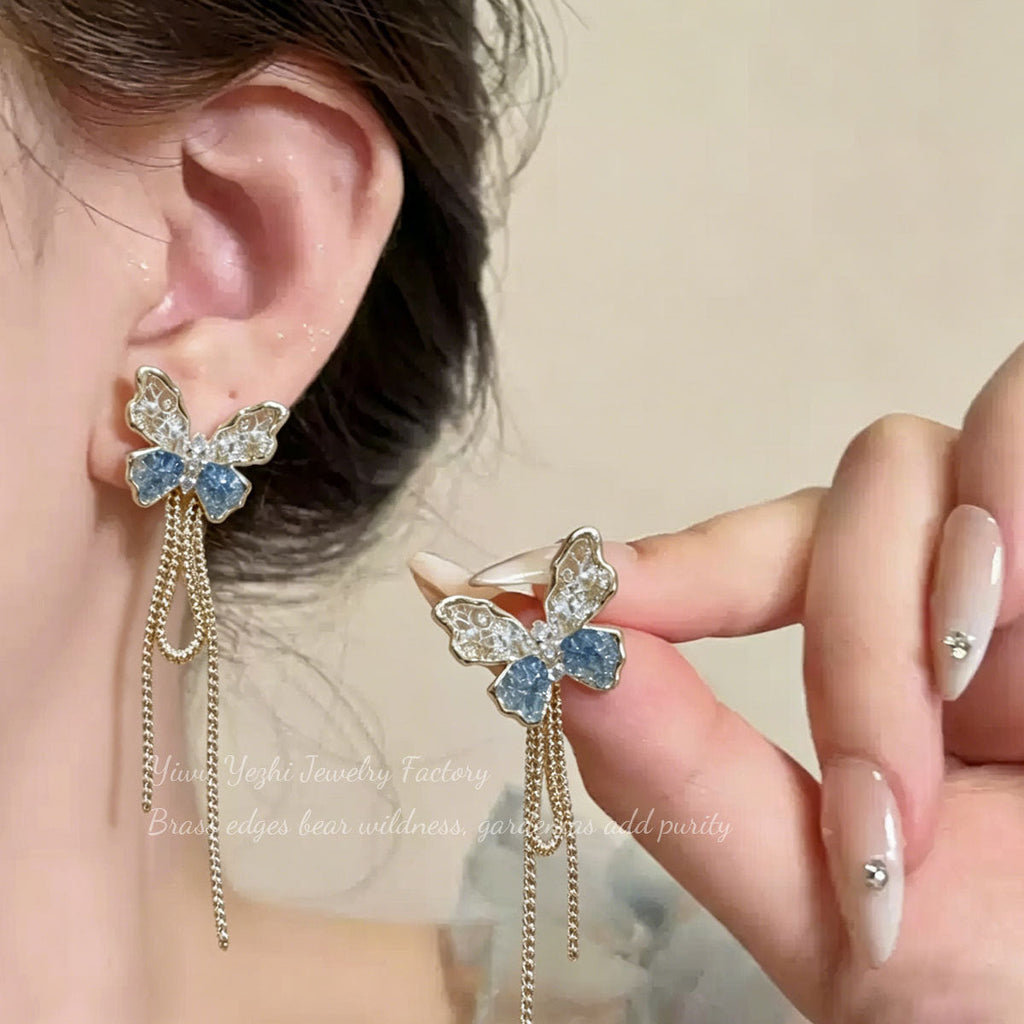 Korean-Style Zircon Hollow Butterfly Tassel Earrings, Light Luxury And High-End Earrings, Exquisite And Sweet Ice-Crystal Ear Accessories