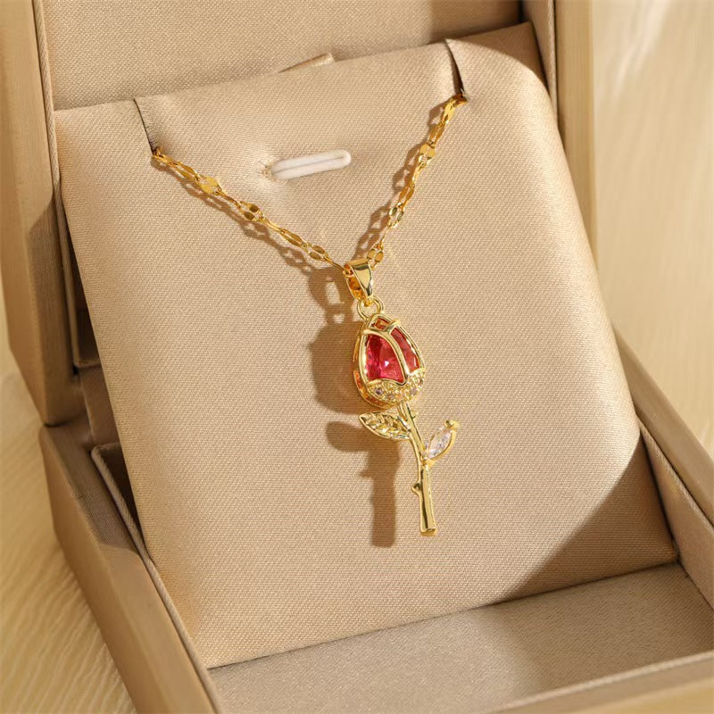 High-end Romantic Crystal Rose Pendant Necklace
