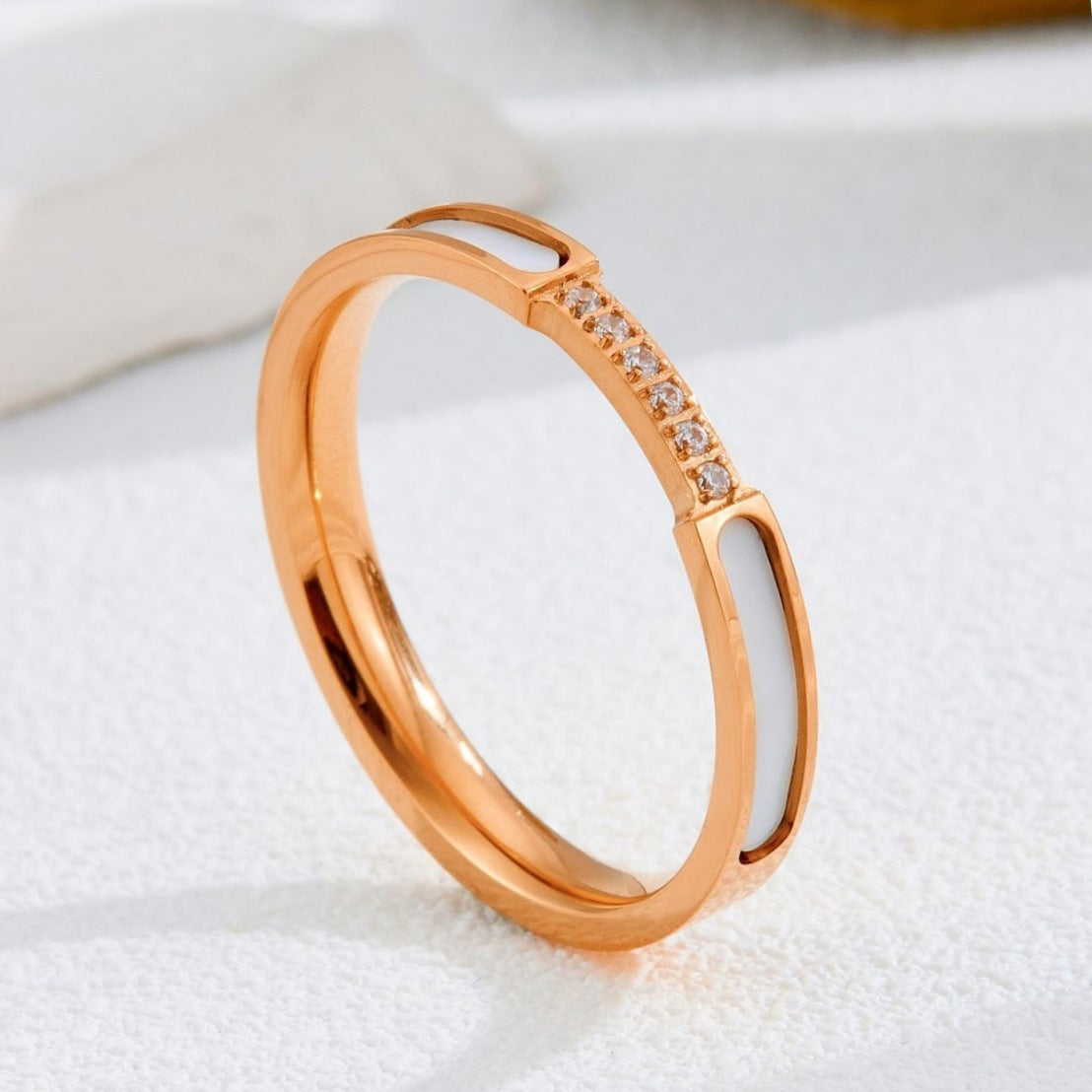 High-End Luxury Diamond-Encrusted White Mother-Of-Pearl Titanium Steel Ring For Women, Fashionable And Versatile, With Six Diamonds, White Mother-Of-Pearl, Non-Fading Ring